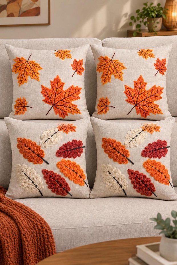 Custom-Designed 4-Piece Cushion Cover Set with a Leaf Pattern, Featuring a Digitally Printed Design on One Side, for Decorative Purposes.