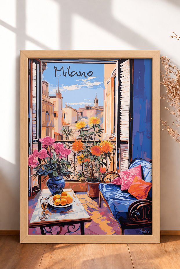 Milan Balcony, Floral Seating Area, Framed Painting, Italy Poster, Wall Decor, Itp184.