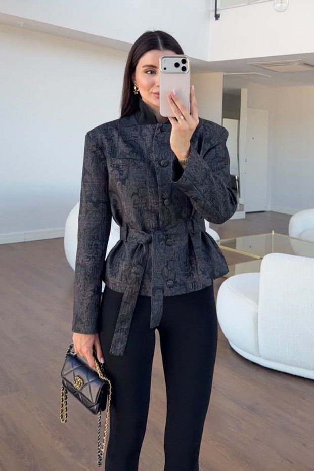 Black Shawl Pattern Belted Jacket - 2653