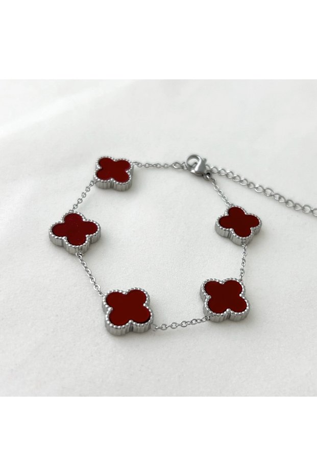 Claret Red Clover Silver Steel Bracelet