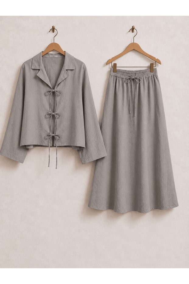 Shirt Collar Tie Skirt Set - 8213 - Grey