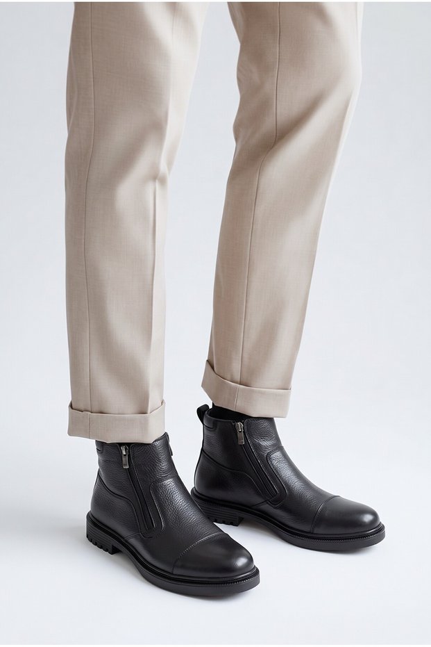Znk-25992 Black Genuine Leather Fur-Lined Men's Boots for Everyday Use.