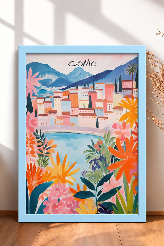 Floral Town Framed Painting on the Shore of Lake Como, Italy Poster, Living Room, Kitchen, Wall Decor, Itp170.