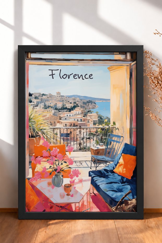 Florence Balcony with Cityscape – Framed Painting, Italy Poster, Living Room, Kitchen, Wall Decor, Itp172.
