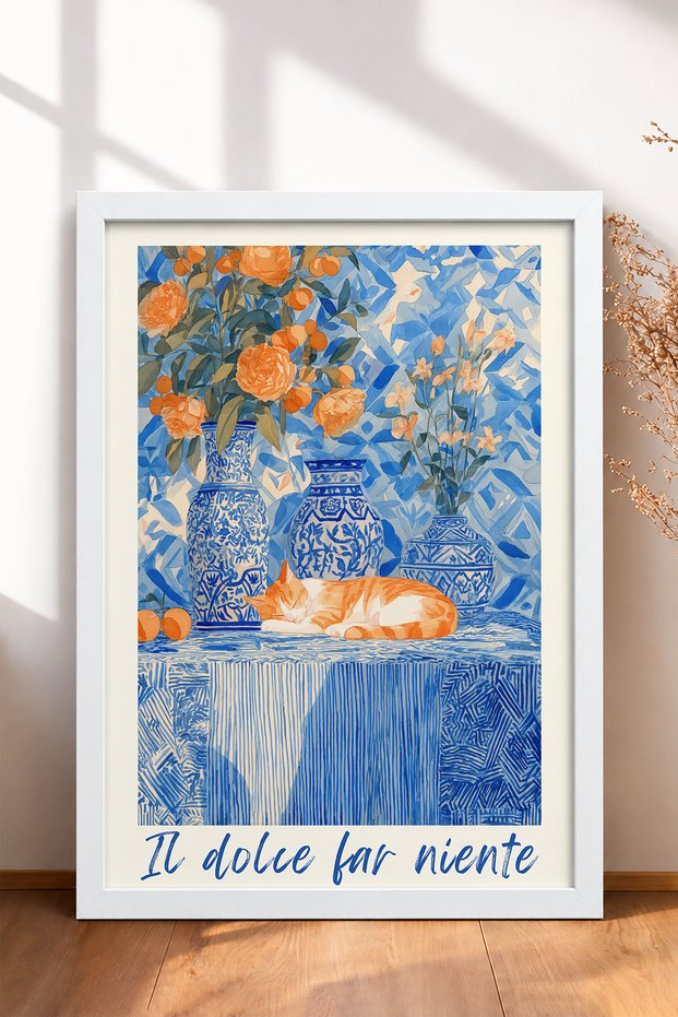 The Dolce Far Niente Sleeping Cat Framed Painting, Italy Poster, Wall Decor, Itn017.
