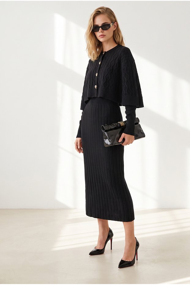 Women's Black Hair Braid Detail Cardigan Dress Set Tkm-19000529