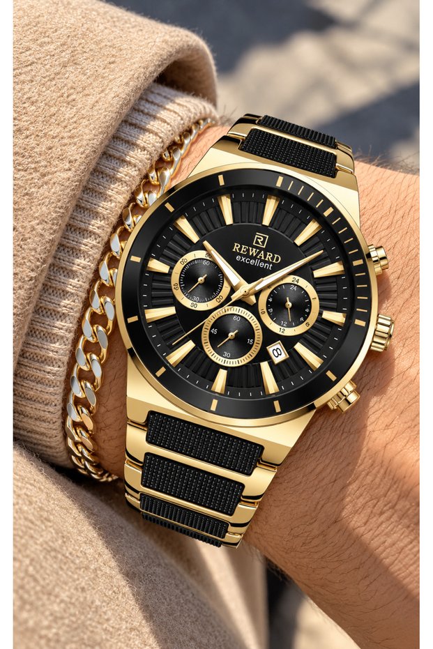 Features: Active-Yellow Black Steel Strap-Black Dial-Calendar-Male Wristwatch+Chain Bracelet