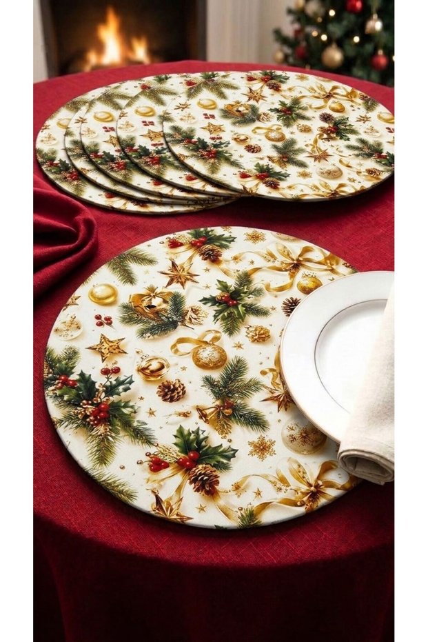 New Year-Themed American-Style Serving Placemats, Set of 6, 33X33, Mdf + Elastic Fabric, Tableware Presentation Set.
