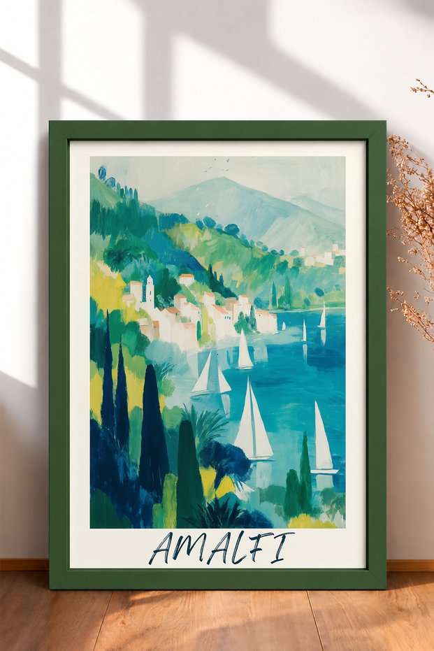 Amalfi Bay and Sailboats Framed Painting, Italy Poster, Living Room, Kitchen, Wall Decor, Itn018.
