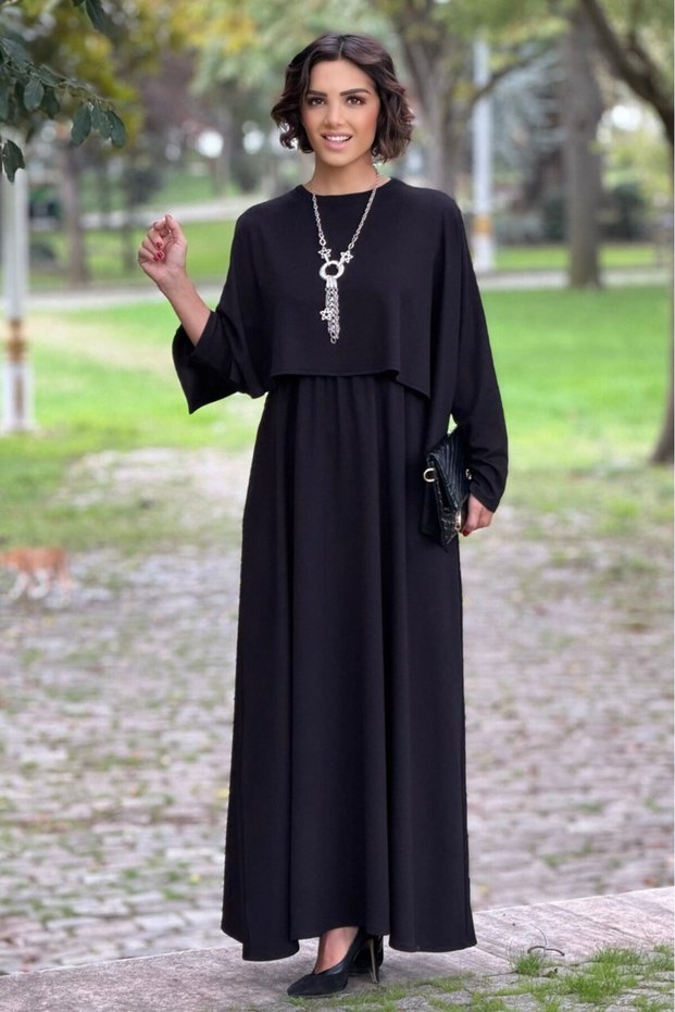 Black Modal Fabric Dress with Built-In Cape