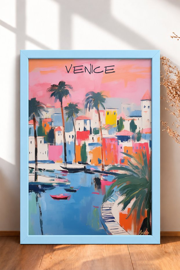 Palm Trees and Boats in the Venetian Harbor – Framed Painting, Italy Poster, Wall Decor, Itp204.
