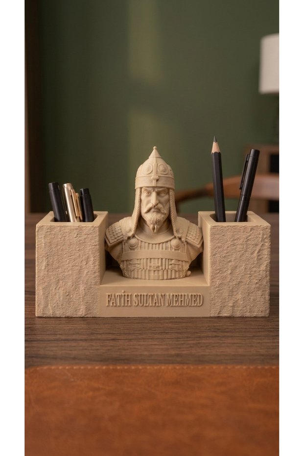 Fatih Sultan Mehmed Bust Desk Organizer with Dual Compartments, Made of Pla Bio-Plastic, for Desk Organization and as a Prestigious Office Gift.