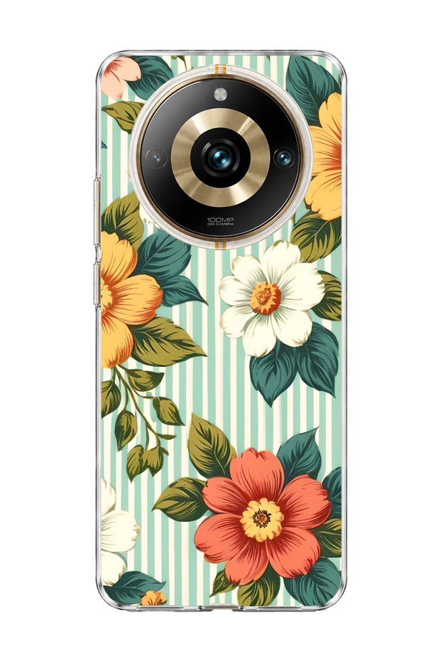 Retro Striped Floral Print Transparent Phone Case Compatible with Realme 11 Pro.
