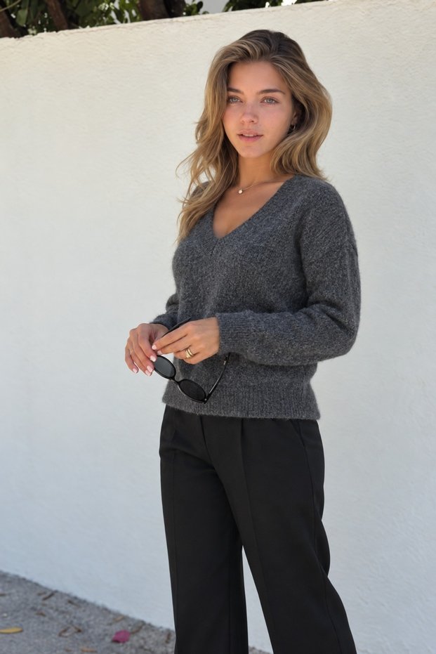 Women's V-Neck Seasonal Anthracite Knit Sweater