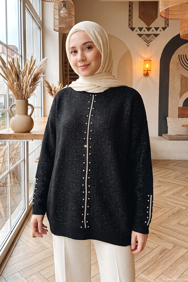 Stoned Glitter Rib Detail Tunic 650014 Black