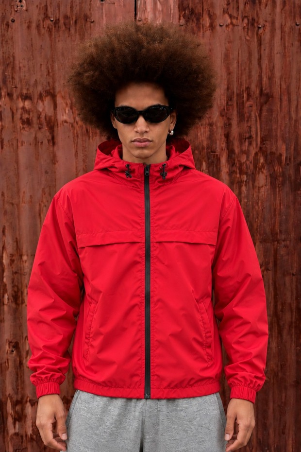 Men's Stand-Up Collar Hooded Casual Seasonal Red Raincoat