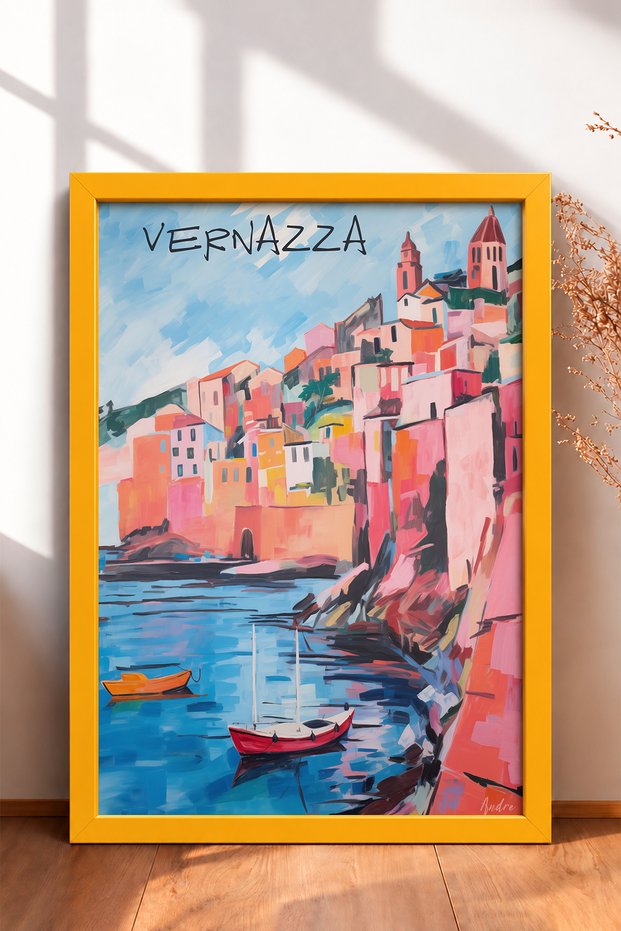 Vernazza in the Bay, Red Sailboat Framed Painting, Italy Poster, Living Room, Kitchen, Wall Decor, Itp206.
