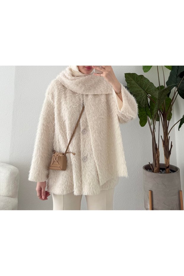 Buttoned, Faux Fur Jacket - 4542 - Ecru (Ös)