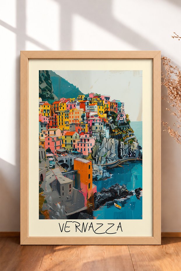 Vernazza Village and Turquoise Sea Framed Painting, Italy Poster, Living Room, Kitchen, Wall Decor, Itp205.