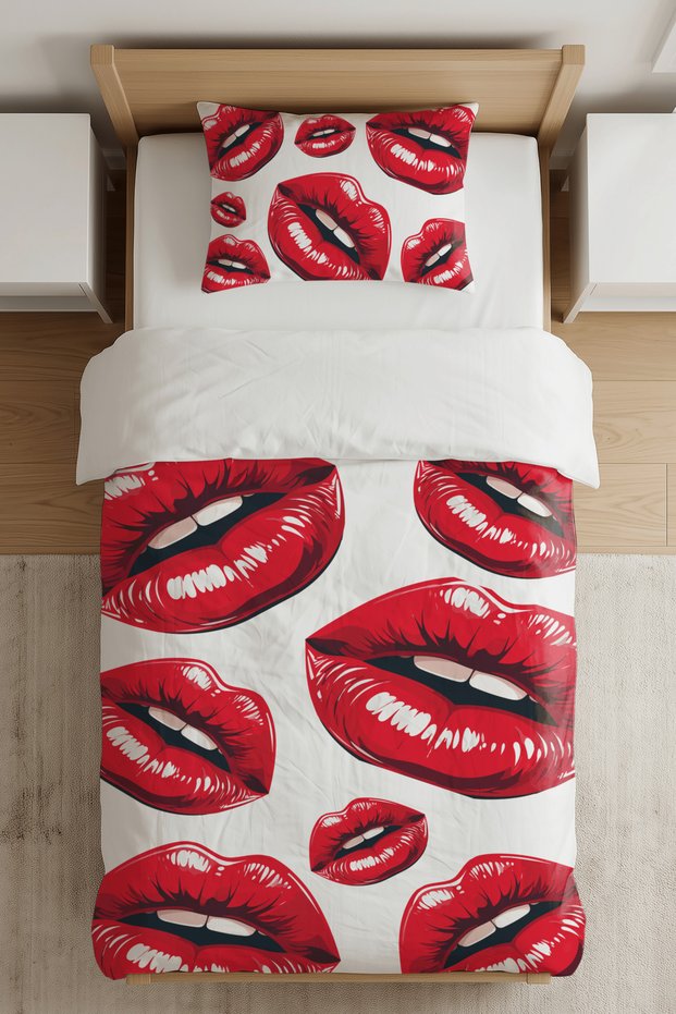 Pop Lips Lip-Patterned Digitally Printed Single-Size Duvet Cover Set - Without a Bed Sheet