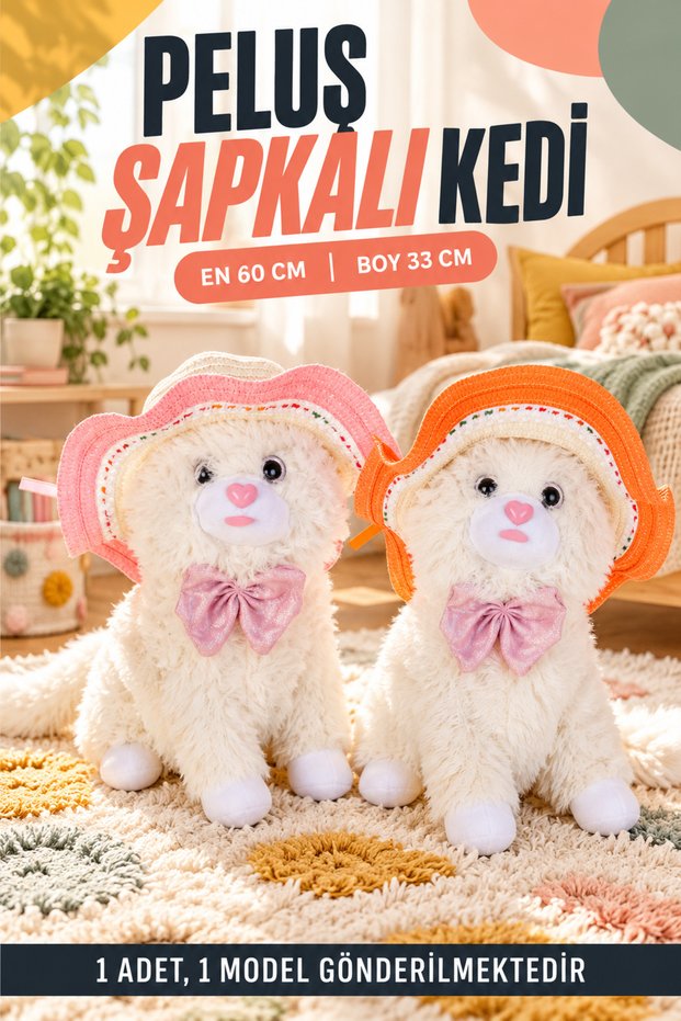 Plush Cat with Hat, 60X33 cm – Bow-Tied, Soft, Cute Decorative Toy.