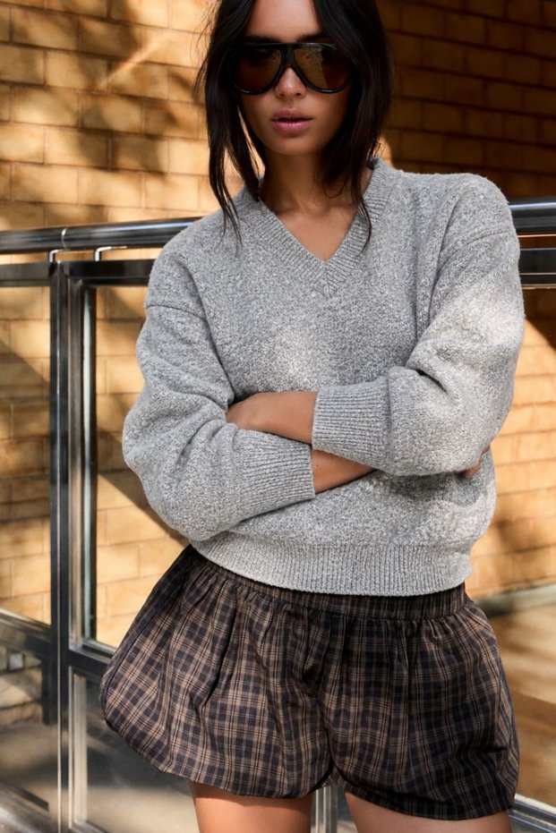 Women's V-Neck Long Sleeve Soft Textured Knit Grey Sweater