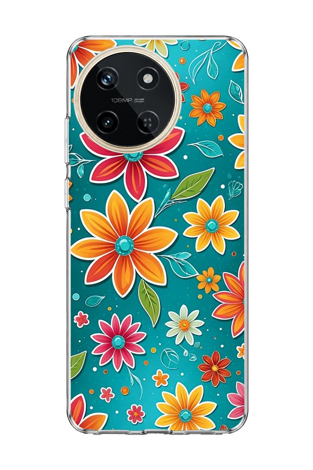 Realme 11 4g Compatible, Colorful Floral Turquoise Printed Transparent Phone Case.