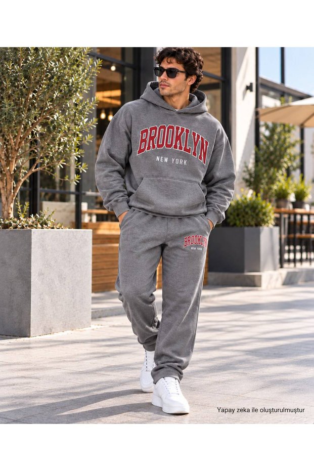 Men's Bitter Coffee College Style Brooklyn Typography Printed Sweatshirt Set - Relaxed Fit, 2-Piece Set.