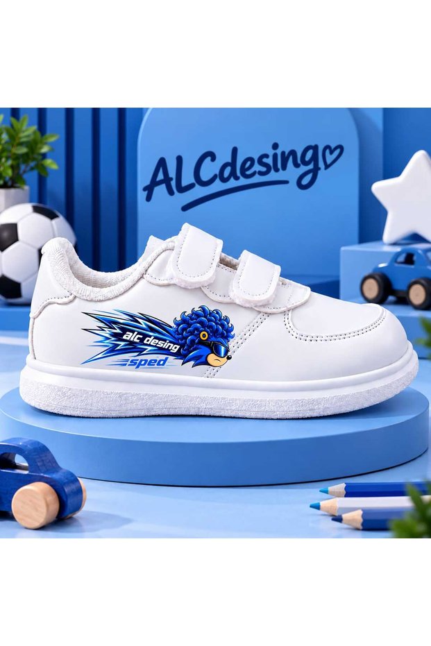 Girls' White Velcro Sports Shoes – Star-Printed Detail, Casual Sneakers.