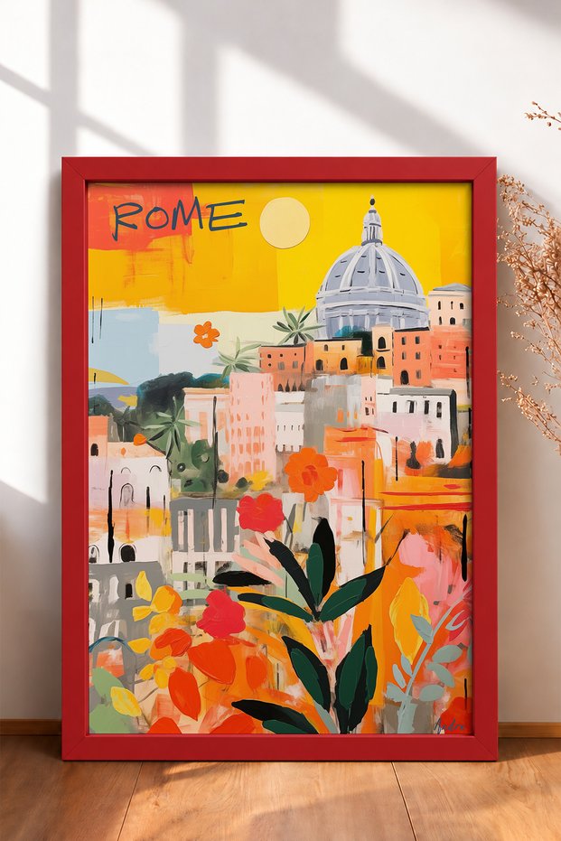 Rome Silhouette, Yellow Sun and Flowers Framed Painting, Italy Poster, Living Room, Kitchen, Wall Decor, Itp198.