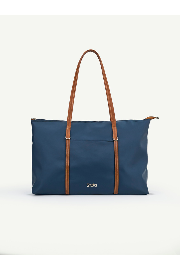 Navy Blue-Tan Shk357 Large Capacity, Shoulder Strap, Zipper, Everyday Shopper Bag.