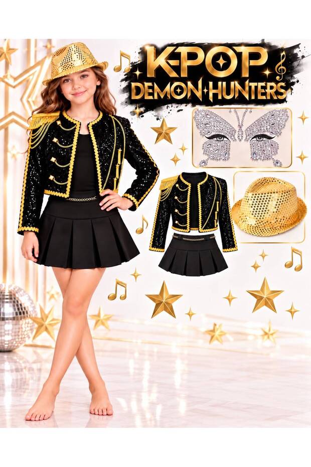 K-Pop Costume with Chain-Detailed Design – Black Chain Skirt – Face Mask – Gold Sequin Hat Set – Birthday Party.