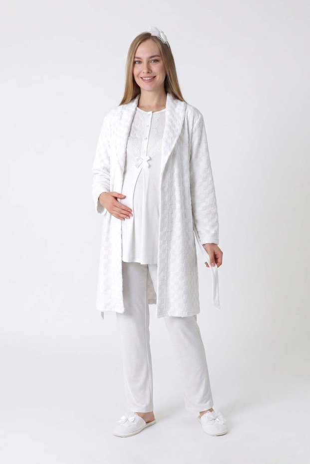 Maternity Pajama Set with Robe, 3-Piece Set, with Bow and Button Closure, Nursing-Friendly, Velvet Texture.