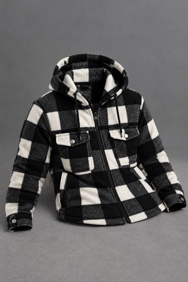 Men's Hooded Double-Pocket Plaid Black Lumberjack Shirt