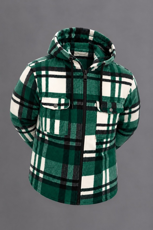 Men's Hooded Double-Pocket Plaid Green Lumberjack Shirt