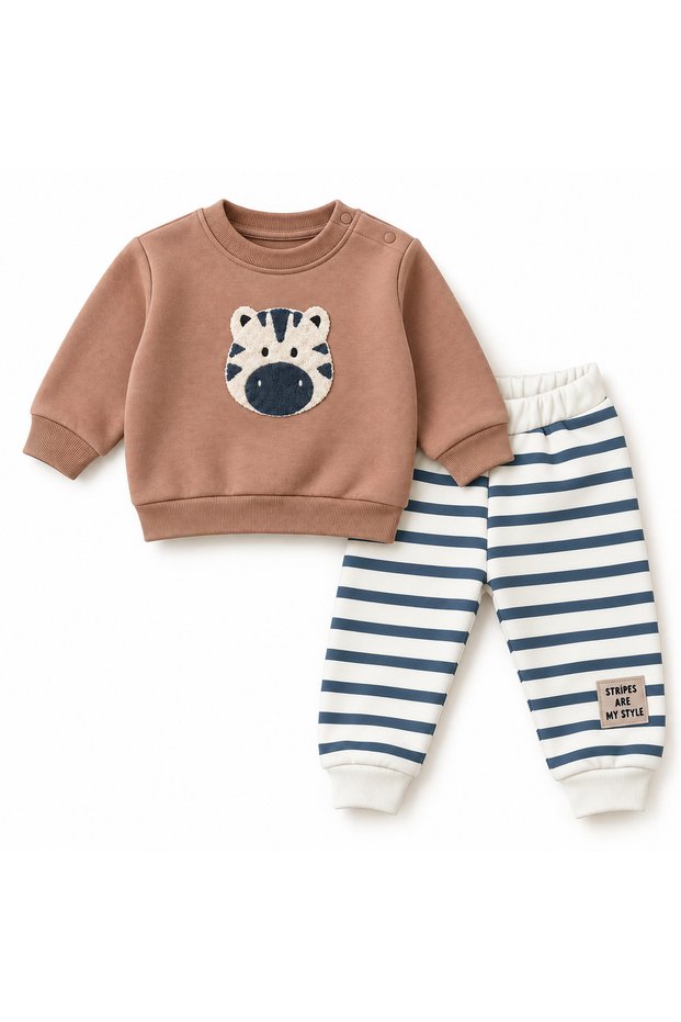 Baby, Boy, 100% Cotton, 3-Thread, Brushed, Zebra Embroidered, Snap-Buttoned Shoulders, 2-Piece Tracksuit Set.