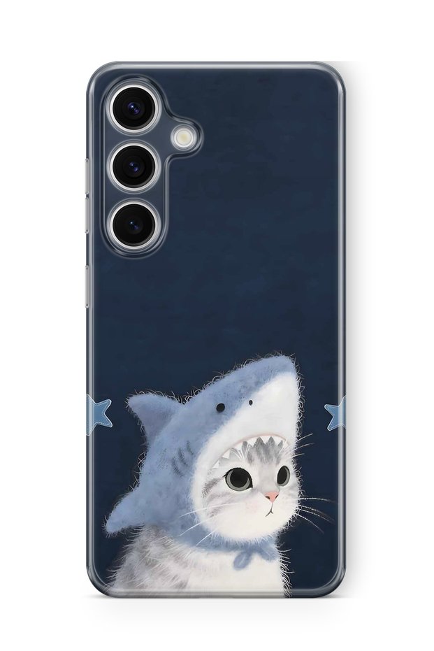 Samsung Galaxy A24 Compatible Transparent Phone Case with a Shark Costume and Cat Pattern.
