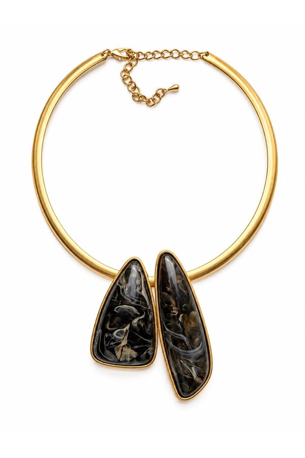 Asymmetrical Stone-Embellished Gold Leather Cord Necklace