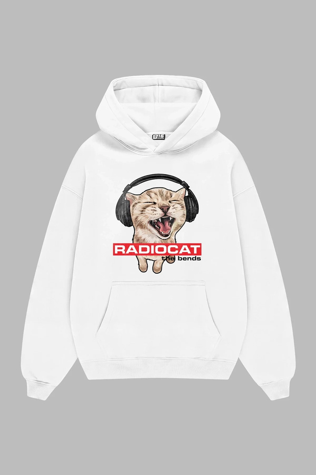 Radiocat Printed White Oversize Unisex Hoodie