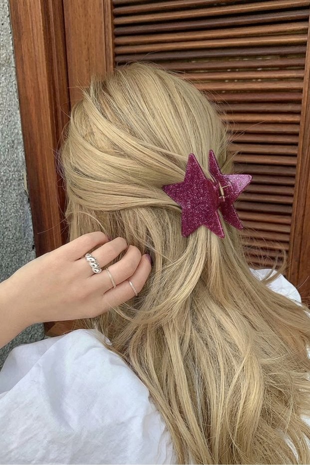 Large Size Glittery Pink Star Hair Clip Tk-485