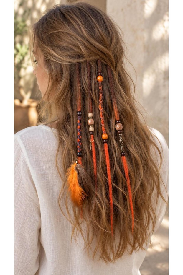 Handmade Wet Rasta Hair Accessory Set of 4 – Yellow Brown, with Bead Details, Approximately 45 Cm.