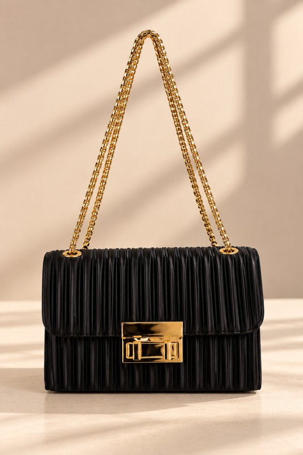 Gold Lock Buckle Chain Strap Crossbody Bag, Black.