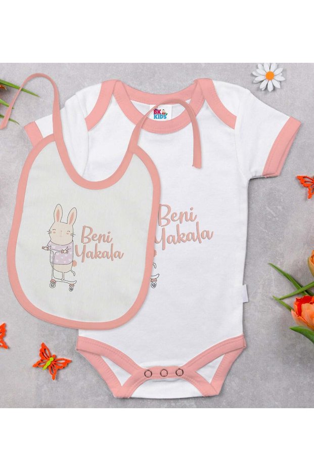 BK Kids "Catch Me" Design Pink Baby Bodysuit and Bib Gift Set-1, 12–18 months