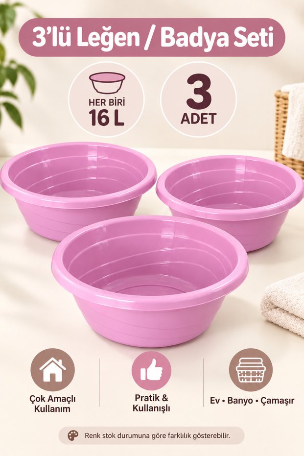 3-Piece Large Plastic Basin Set, 16 L – Multi-Purpose for Bathroom, Laundry, and Household Use