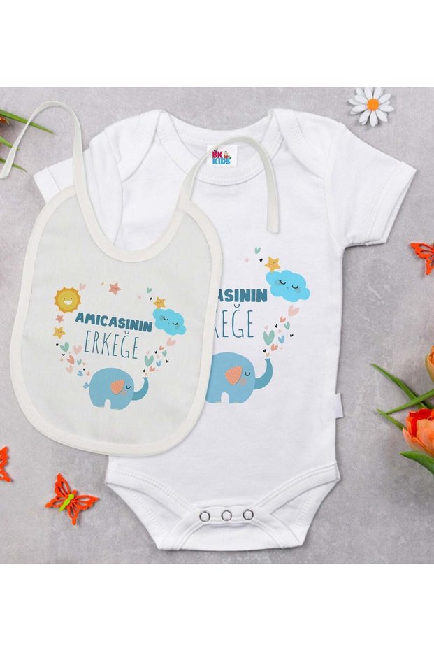 Bk Kids Amıcası – White Baby Bodysuit and Bib Gift Set – Designed for Boys – 1 – 0-3 Months.