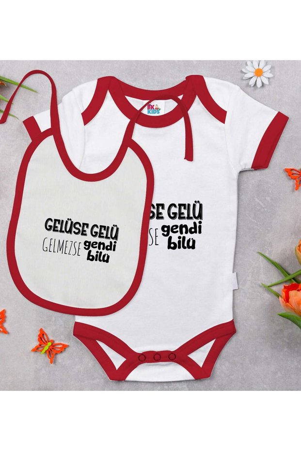 BK Kids "Gelüse Gelü" Design Red Baby Bodysuit and Bib Gift Set-1, 0-3 Months