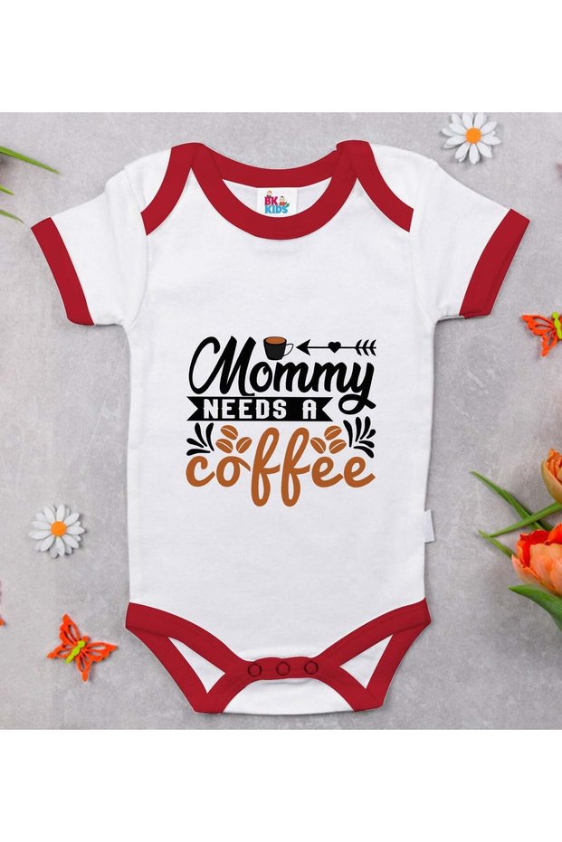 Bk Kids Mommy Needs a Coffee – Red Baby Bodysuit – Size 1, 12-18 Months.