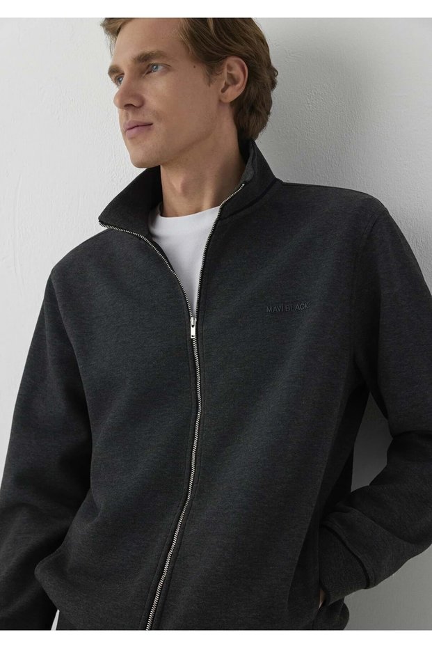 M0S20121 Black Logo Printed Zippered Men's Sweatshirt, Smoke Gray.