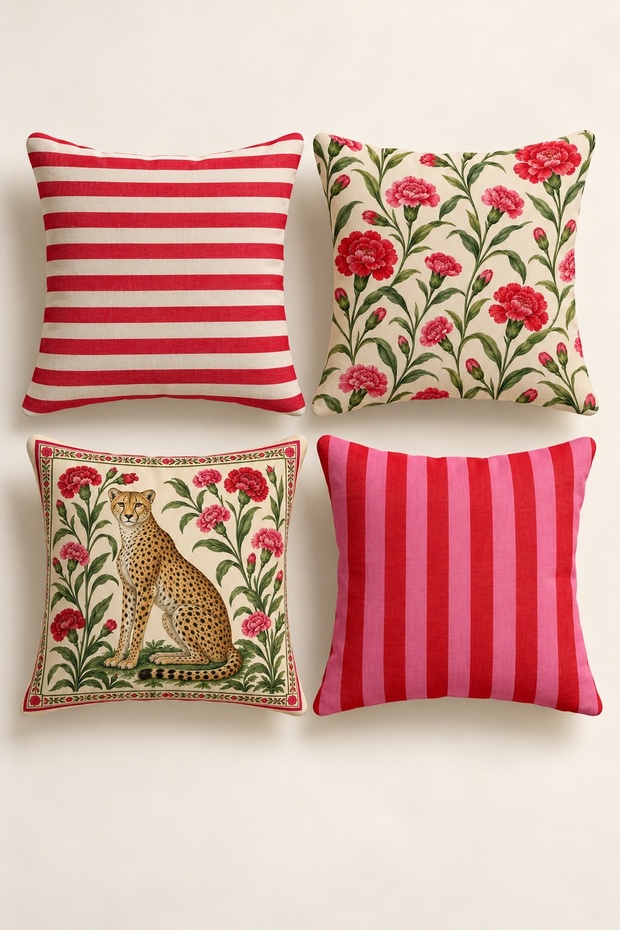 Set of 4 Cherry Garden Red Stripe and Botanical Leopard Throw Pillow Covers, Double-Sided Print, 43X43 Cm.