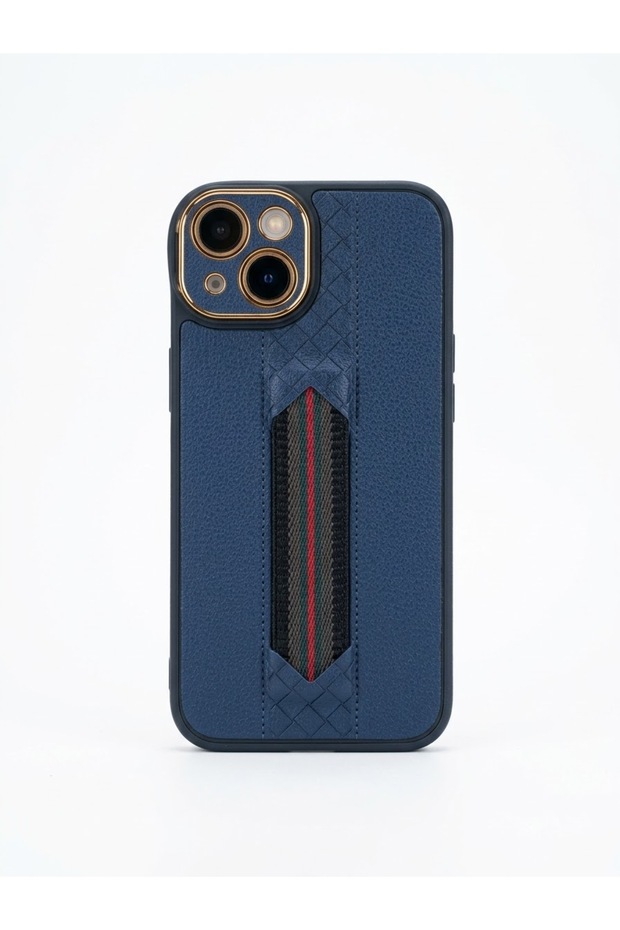Iphone 13 navy blue handcrafted leather case model.
